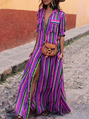 Woochic blouse robe longue rayé boutonnage avec poches v-cou bohème plage Violet S